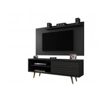 Manhattan Comfort 221-201AMC8 Liberty 62.99 Mid-Century Modern TV Stand and Panel with Solid Wood Legs in Black